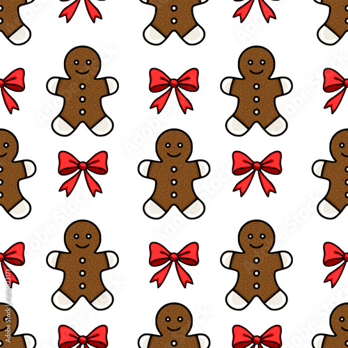 Seamless vector pattern featuring charming gingerbread men and festive red bows on a crisp white background, ideal for Christmas-themed designs.
