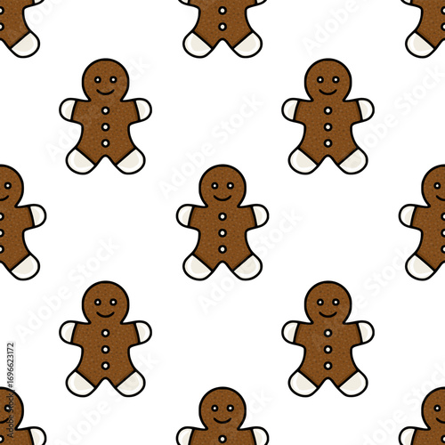 Seamless vector pattern of cheerful gingerbread men cookies with textured brown bodies and white icing details, perfect for festive winter designs.
