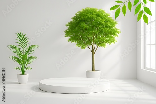 White Geometric Product Platform with Fresh Greenery and Daylight