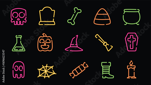 Neon Halloween icon bundles on black background featuring seasonal objects and elements like pumpkin, ghost, cauldron, tombstone and more. Halloween icon set illustration.