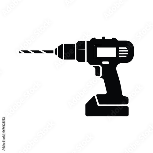 Black silhouette of a cordless power drill with a drill bit