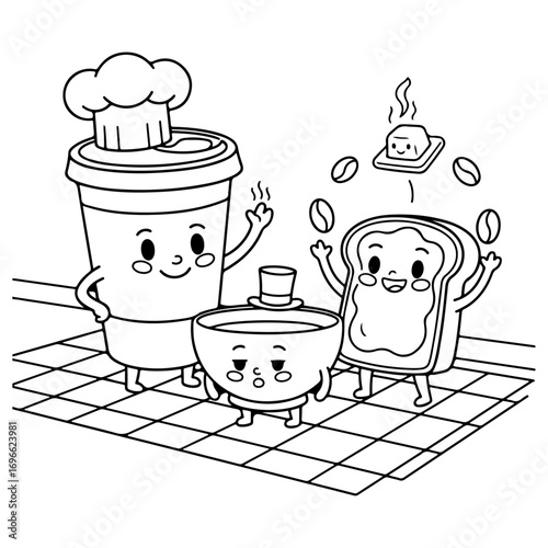 Funny breakfast cartoon: smiling vector illustration of coffee, toast and butter - perfect for advertising restaurants, cafes or breakfast products.