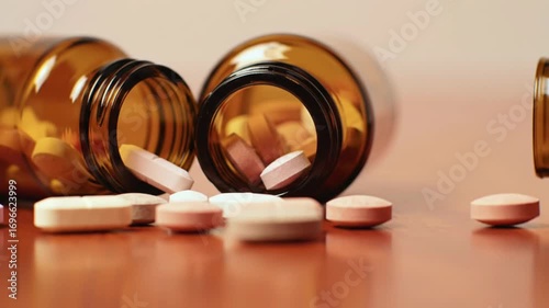 Medication Dispense: A close-up shot features an array of various tablets spilling from an amber-colored medicine bottle, portraying aspects of health, treatment, and well-being.