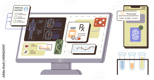 Computer screen displaying patient health records, test results, and prescriptions with graphics of chemistry tubes and phone verification. Ideal for telemedicine, healthcare analysis, patient