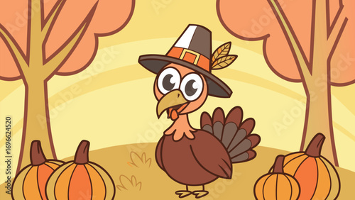 Cartoon turkey wearing pilgrim hat stands cheerfully in autumn forest setting, trees, pumpkins