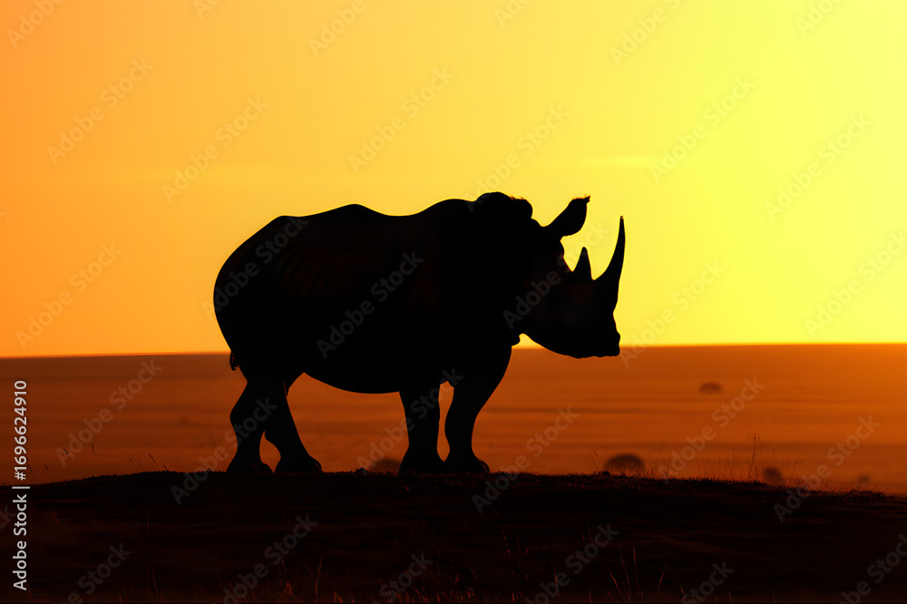 Fototapeta premium Silhouette of a Rhinoceros Standing Against a Vibrant African Sunset Sky
