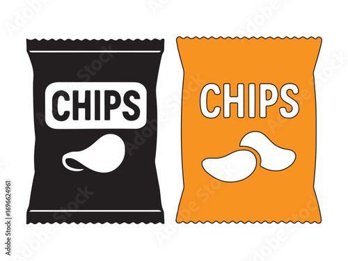 Two bags of chips one black and one orange with chips written on them and chips shown on the bags vector graphic image.