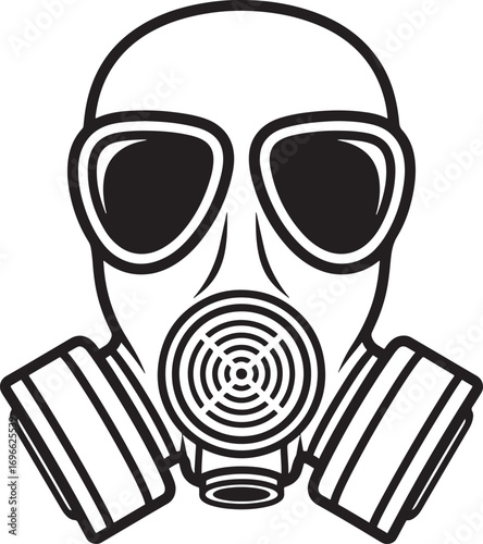 Iconic gas mask illustration symbolizing danger protection and hazardous environments bold black and white design