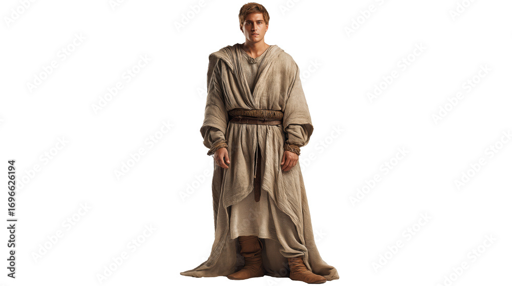 Fototapeta premium Obadiah full body on transparent background, biblical prophet in rough robe, ancient style clothing, isolated PNG figure for Christian and Old Testament themes.