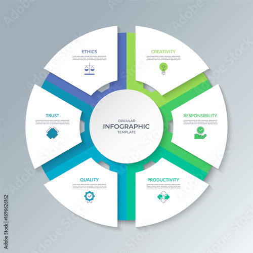 Infographic circle with 6 steps, parts, options. Cycle diagram that can be used for report, business analytics, data visualization, presentation, educational content.
