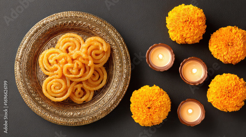 Golden jalebi marigold flower diya festival dessert sweet spiral ornate plate celebration traditional treat create festive and joyful atmosphere