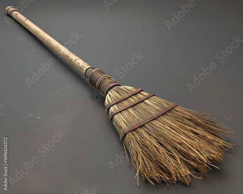 Old Broomstick with Straw Bristles and Rustic Wooden Texture
