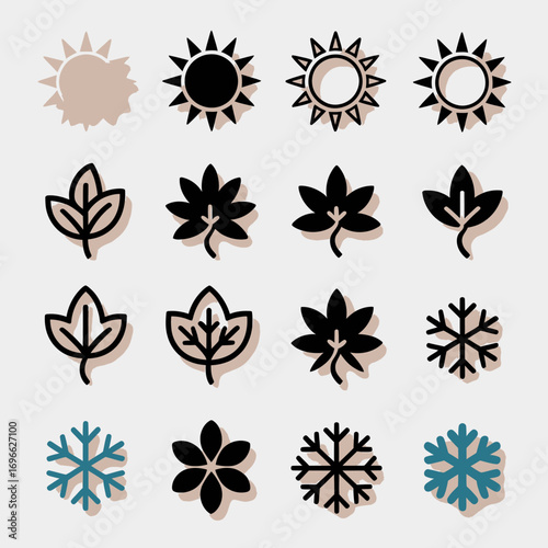 Icons representing seasons: sun, leaves, and snowflakes