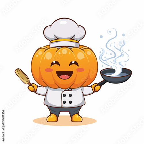 Cute Pumpkin Chef Cooking with a Frying Pan