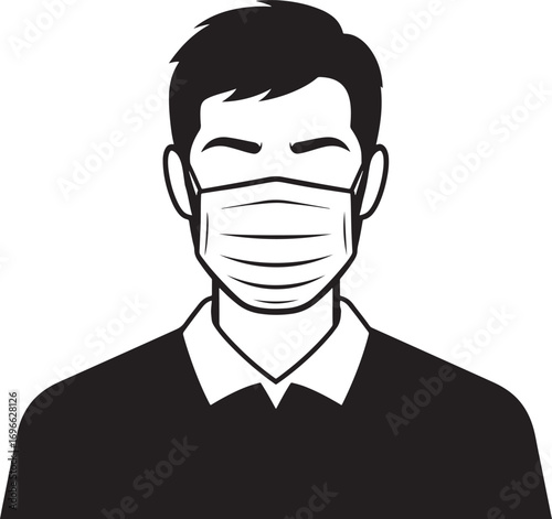 Illustration of a man wearing a protective medical mask demonstrating safety measures during a pandemic