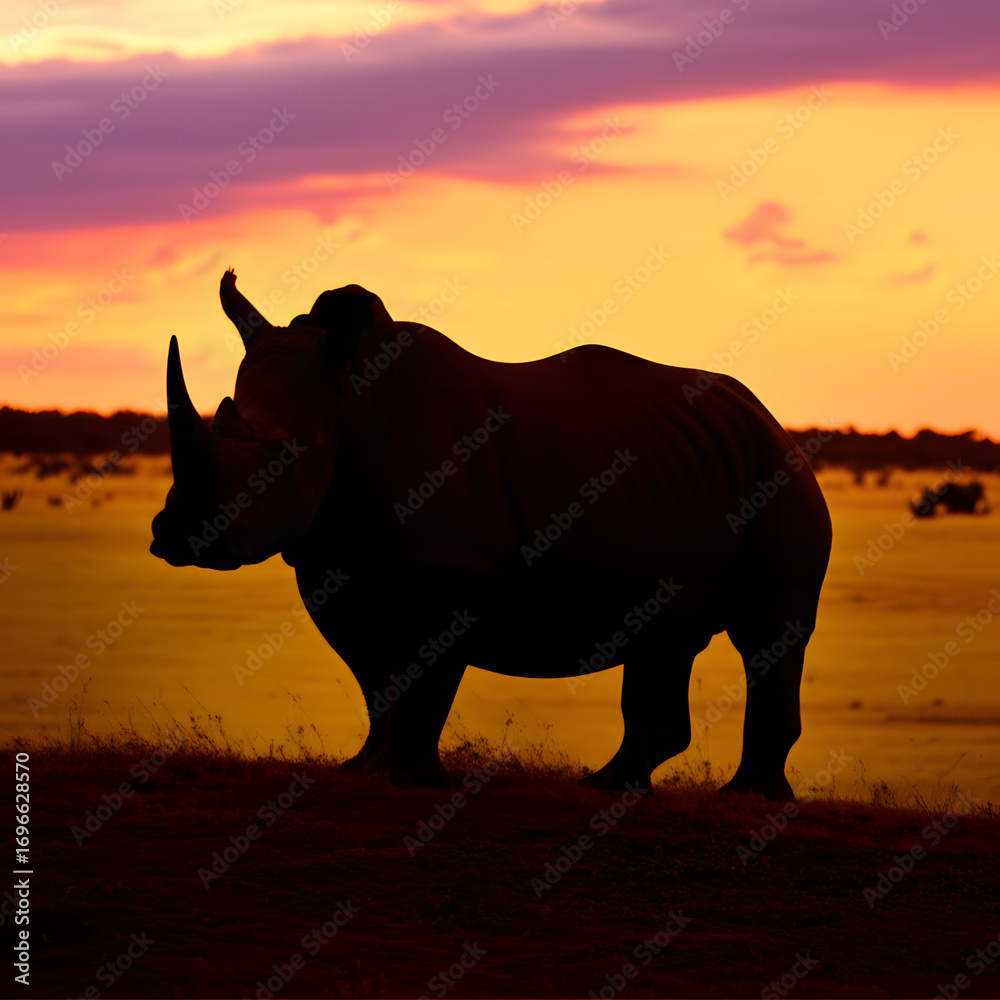 Fototapeta premium Majestic Rhinoceros Silhouette Against a Vivid African Sunset Sky