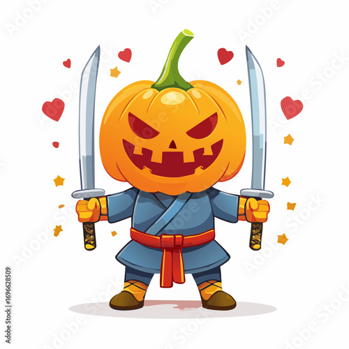 Halloween pumpkin ninja character with two swords