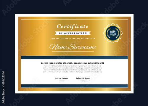 Elegant golden certificate of appreciation design with best award seal and typography
