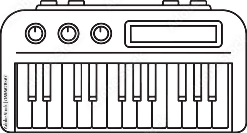Illustration of a synthesizer music keyboard instrument with knobs and display for sound design production