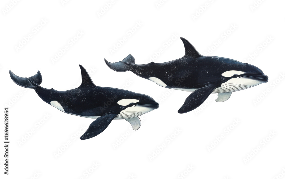 Fototapeta premium Eight killer whales swimming on white background,png