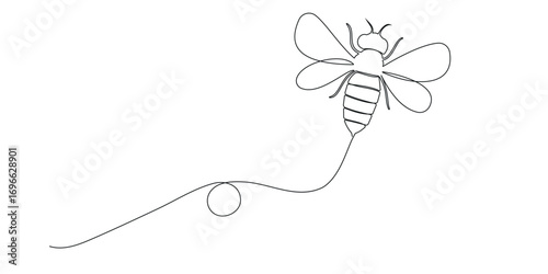 Fly Honey bee continuous one line drawing. Bee sign in line style. Vector illustration.