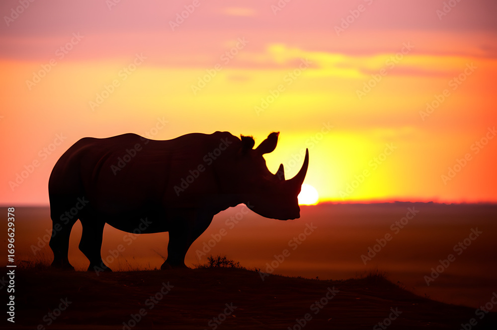 Fototapeta premium Majestic Rhinoceros Silhouette Against a Vibrant African Sunset Sky