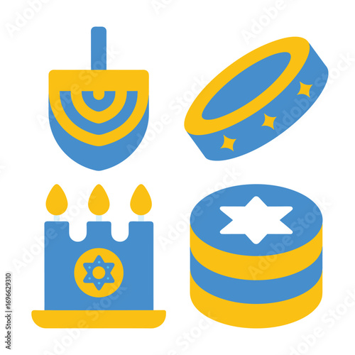 Blue yellow Hanukkah objects dreidel menorah gelt tambourine vector