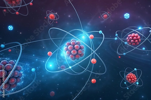 Atomic structure with glowing nucleus and orbiting electrons