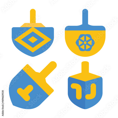 Four blue yellow dreidels with geometric patterns Hebrew letters hanukkah game