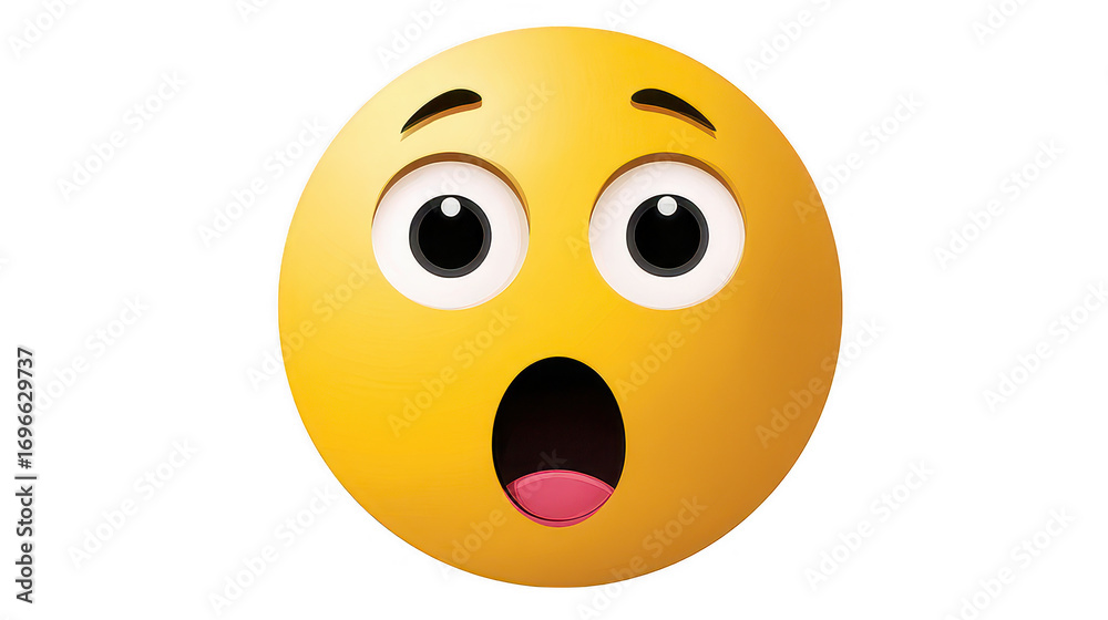 Fototapeta premium Surprised yellow emoji face with wide eyes and open mouth on isolated background