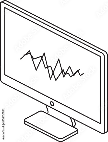 Isometric Monitor Displaying a Volatile Line Chart Representation of Fluctuating Data with Black and White Outline