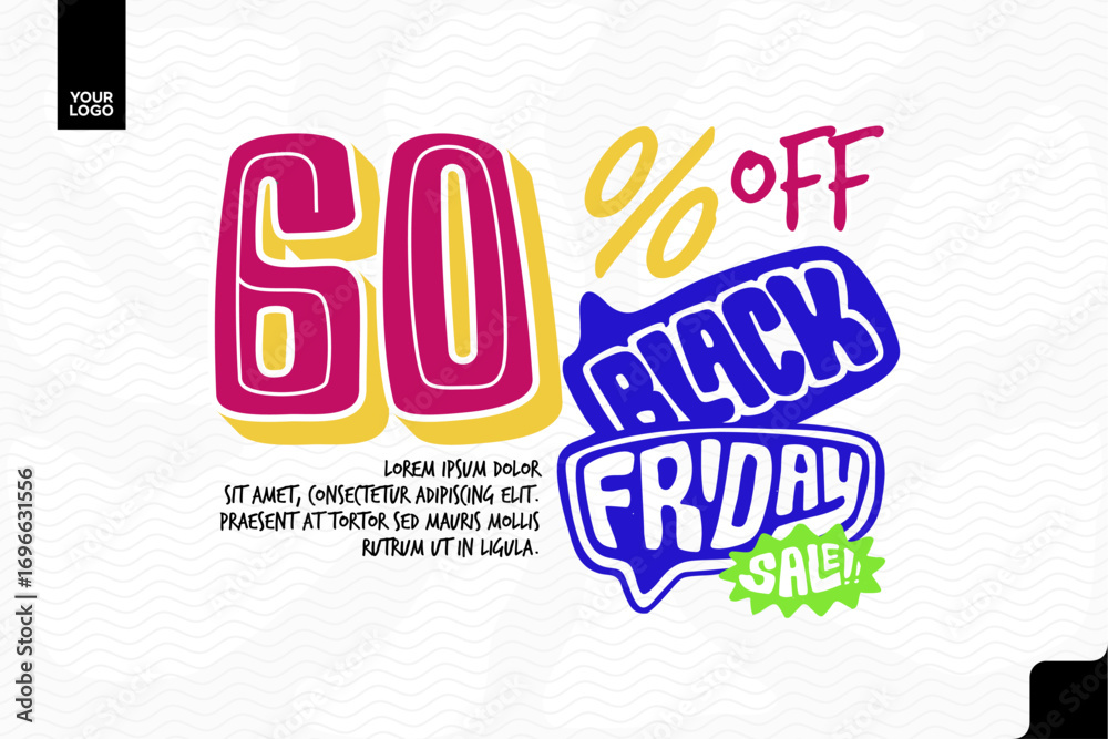 Fototapeta premium Black Friday Sale Banner with 60 Percent Discount Text in Colorful Doodle Pop Art Style Vector
