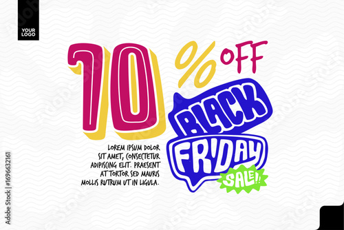 Black Friday Sale Banner with 10 Percent Discount Text in Colorful Doodle Pop Art Style Vector
