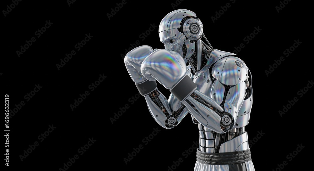 Naklejka premium Futuristic Robot Boxer in Fighting Stance