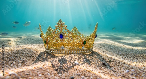 Ornate golden crown rests on sandy ocean floor, sunlight beams through water.  Fish swim around the periphery