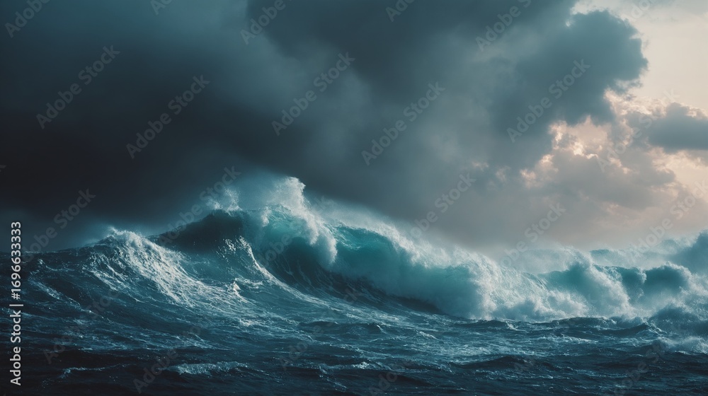 Naklejka premium Dramatic storm ocean waves with dark sky and rough sea weather