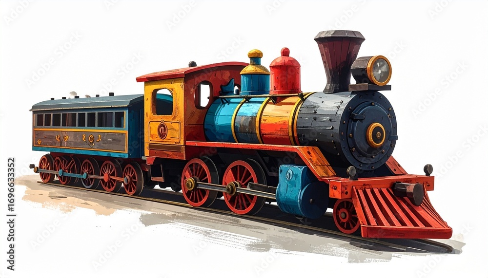 Obraz premium Wooden toy train with colorful painted parts children educational play item isolated on white background 