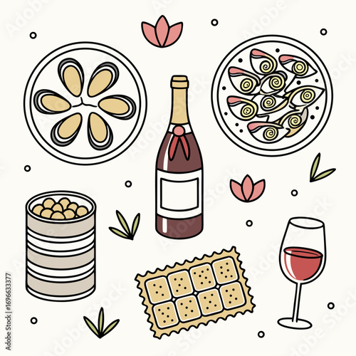 A vector illustration set of various wine bottles and glasses for a celebration