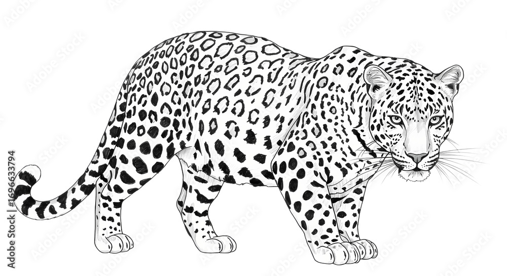 Fototapeta premium Elegant Snow Leopard Illustration Monochrome Wildlife Art isolated on transparent background