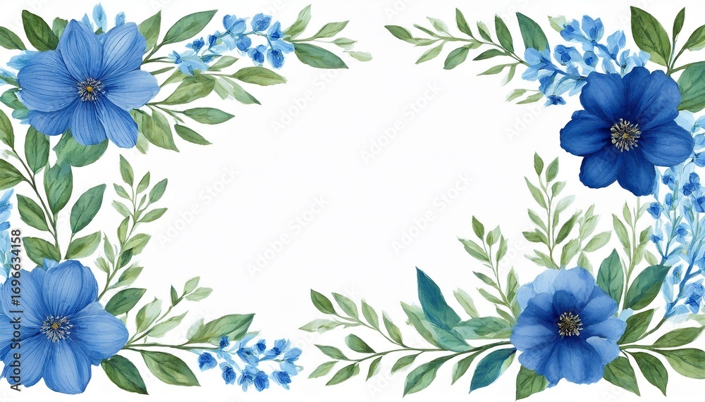 Obraz premium watercolor floral frame with blue flowers and leaves on white background