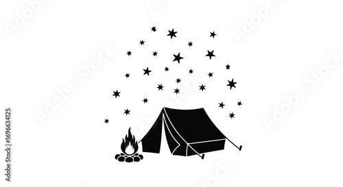 Cozy tent under a starry night sky with a warm campfire glowing nearby.