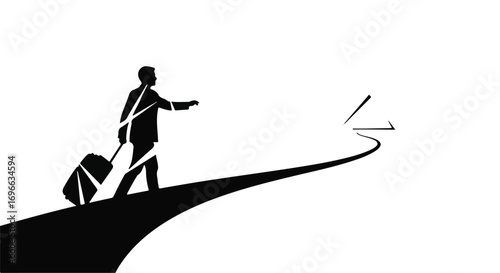 Silhouette of a person with luggage pointing towards a bright future on a winding path.