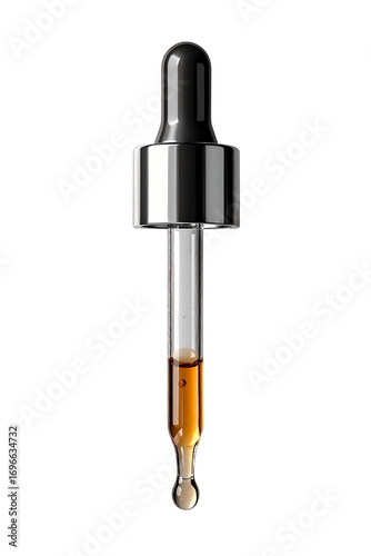Glass pipette or droppers with drop of serum isolated. 3D rendering illustration. Transparent PNG image.