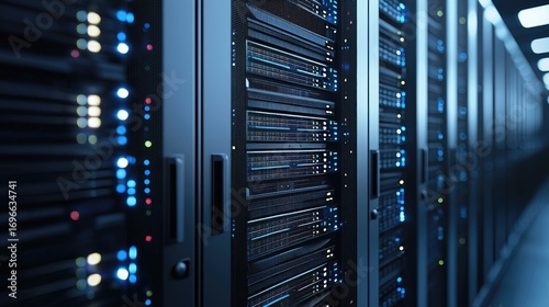 Modern data center with glowing server racks and blue lights, perfect for cloud computing, IT infrastructure, cybersecurity, enterprise systems, and digital technology