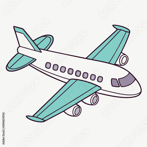 Vector art of cartoon illustration of a white airplane with teal accents, isolated on a, symbolizing travel and aviation