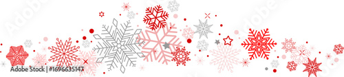 Snowflakes border in wave shape . Red snowflakes with stars border . Beautiful snowflakes wave vector . Christmas decoration .	