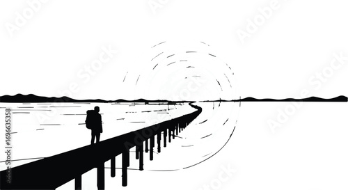 Solitary traveler walks on a long pier towards a bright horizon with abstract sun rays.