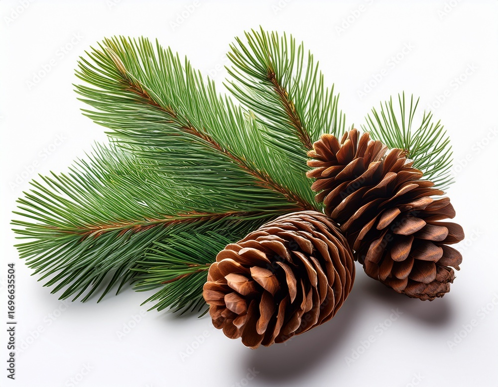 Fototapeta premium brown pinecones with a rough natural texture resting on a fresh green pine branch isolated on white background