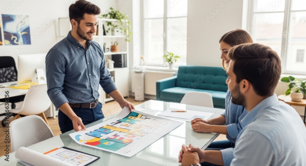Fototapeta premium Three people in a meeting, discussing a blueprint.