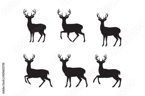Six black silhouette deer with antlers on white background